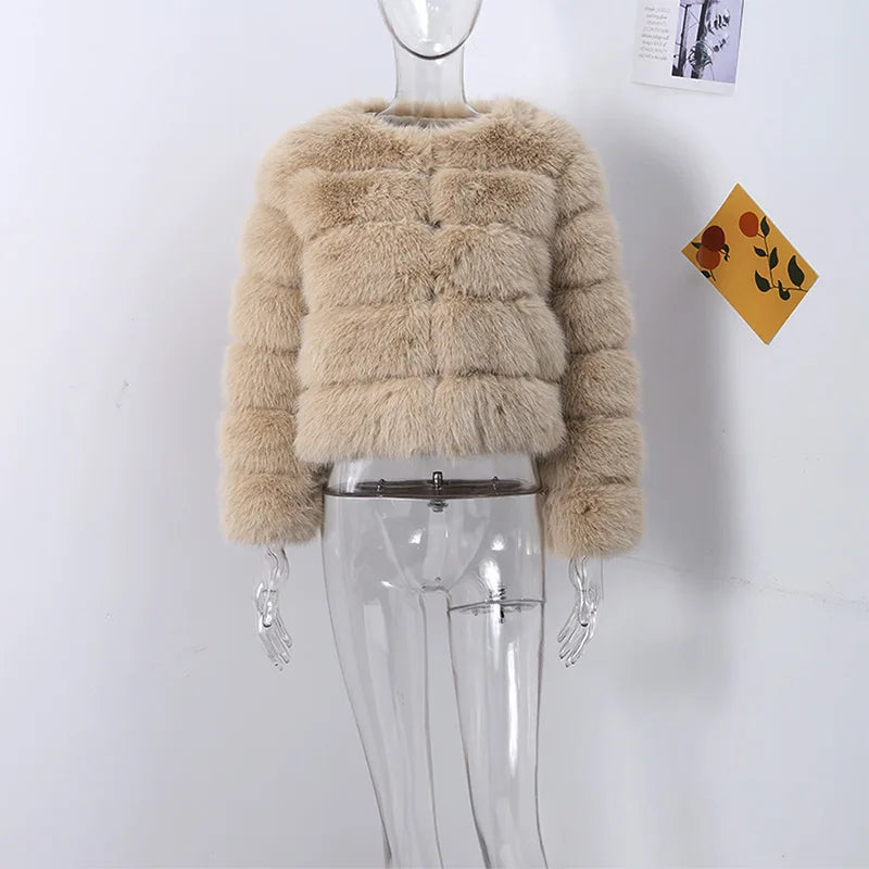 Fur Faux Jacket Women Coat Elegant Round Neck Long Sleeve Furry Female Coats 2024 Winter Fashion Lady Warm Solid Streetwears