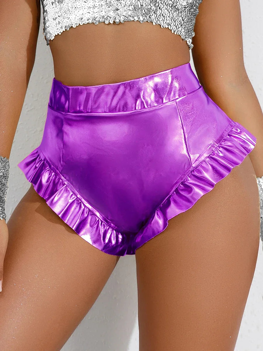 Women PU Leather Shorts Sexy Ruffle Metallic Booty Shorts High Waist Hot Pants Shiny Slim Fit Club Dance Shorts Festival Bottoms