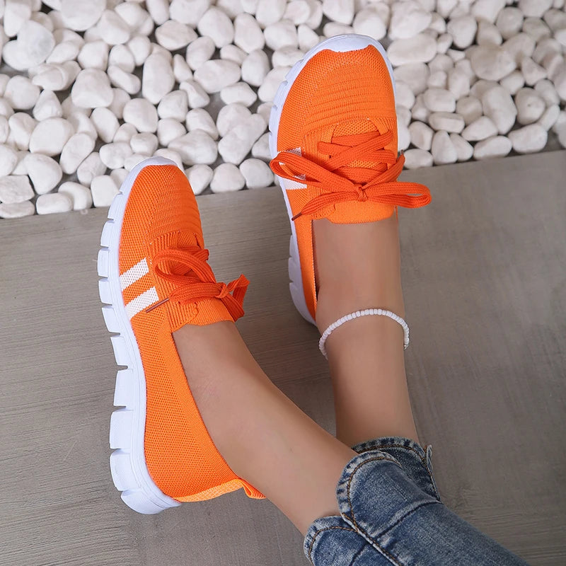 Lightweight Women Casual Shoes Mesh Breathable Casual Sneakers Woman Striped Knitted Flats Comfortable Walking Shoes Plus Size