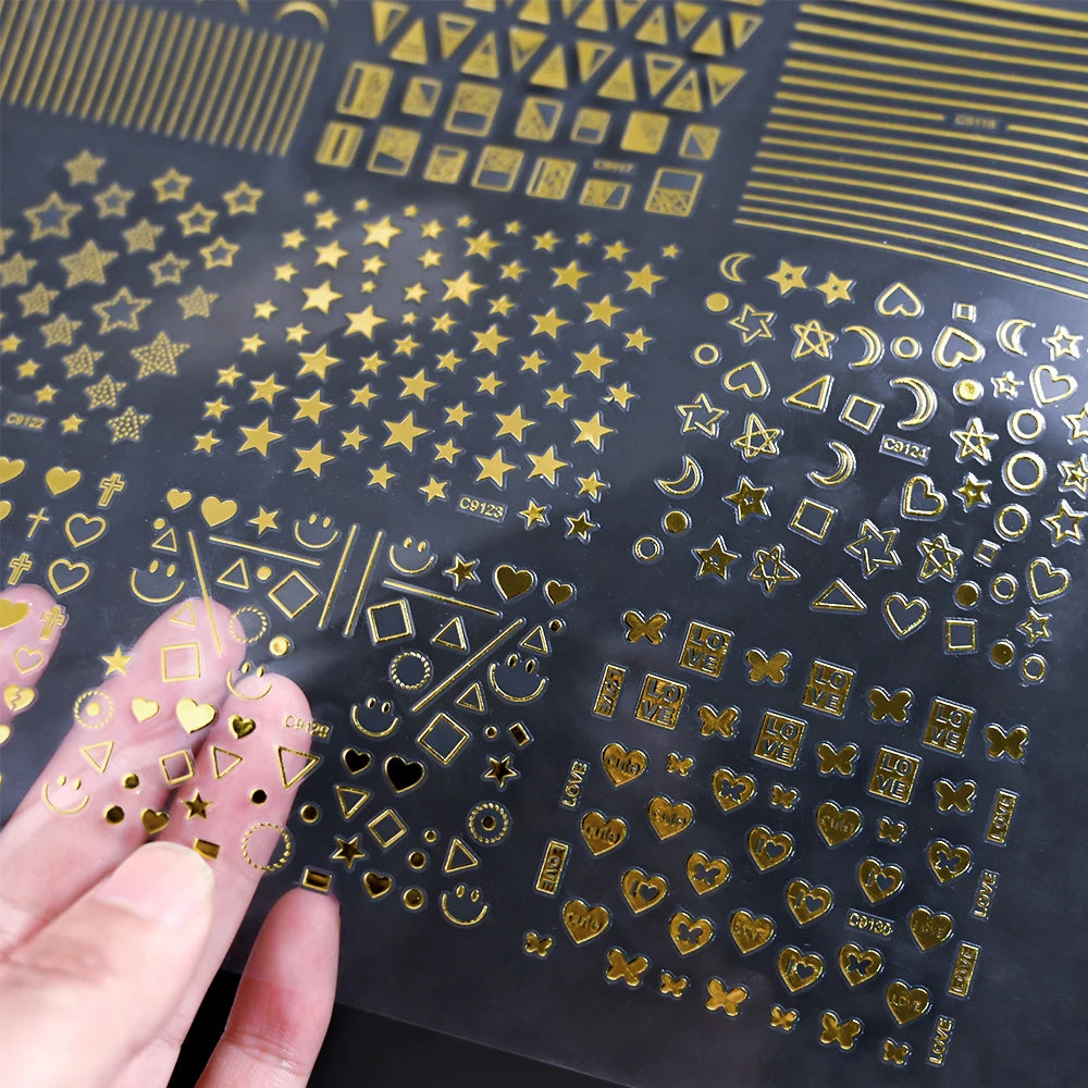 3D Gold Bronzing Moon Star Nail Stickers 20/30pcs Metallic Geometry Line Nail Decals Adhesive Metallic Laser Manicure Slider 6cm