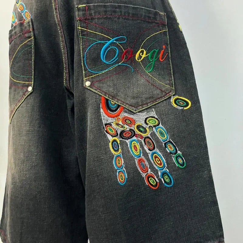 Vintage Fashion New Letter Geometric Embroidery Baggy Denim Shorts Women Y2K Gothic Hip Hop Casual High-waisted Cropped Trousers