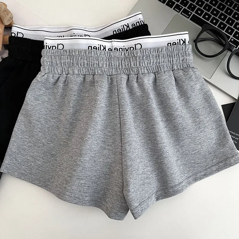 High Waist Drawstring Elastic Shorts Casual Sports Hot Pants Women's Summer New Letter Print Slimming Fake Two-Piece Pants