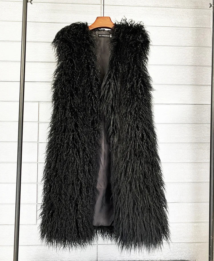 Winer Women Warm Faux Fur Plush Coats Mongolia Sheep Fur Women Long Vest Female Jacket Autumn Furry Sleeveless Outerwear 2024