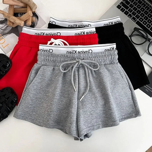 High Waist Drawstring Elastic Shorts Casual Sports Hot Pants Women's Summer New Letter Print Slimming Fake Two-Piece Pants