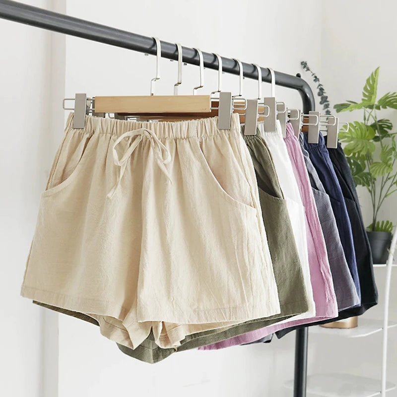 Women Solid Color Shorts High Waist Cotton And Linen Shorts Linen Slimming Loose Hot Pants Light Casual Elastic Waist Pants