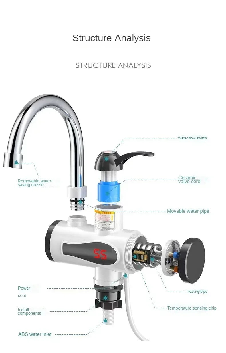 3000W Electric Kitchen Water Heater Tap Instant Hot Water Faucet Heater Cold Heating Faucet Tankless Instantaneous Water Heater