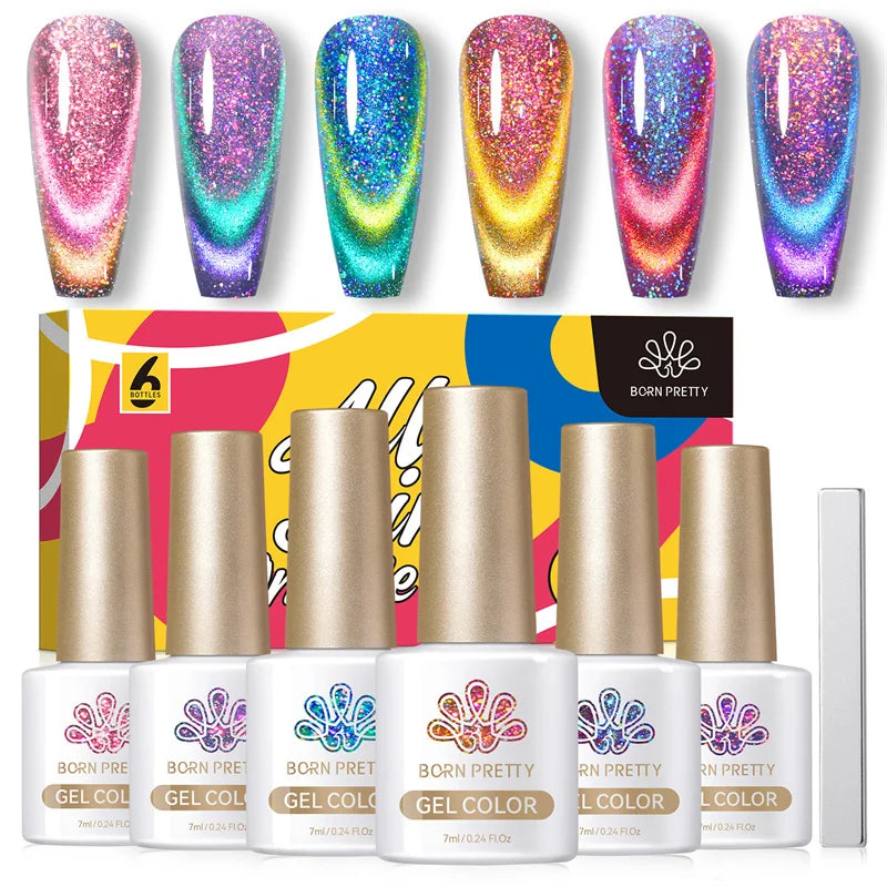 BORN PRETTY 6PCS Pink Ocean Cat Nail Gel Polish Set With Magnet Stick Jelly Holographics Magnetic Nail Kit Salon Art Manicure