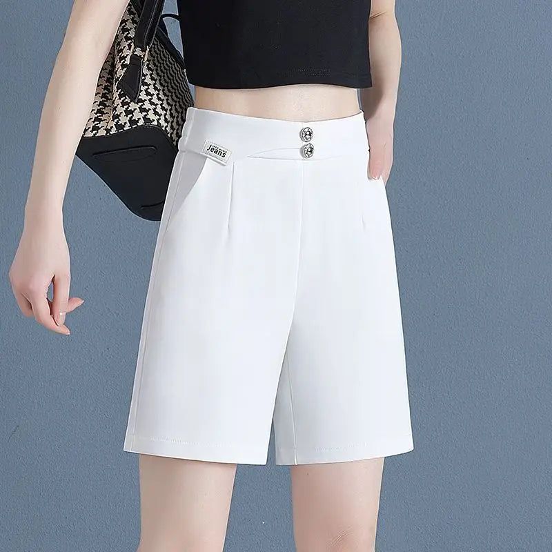 Women Korean Fashion Elegant High Waist Slim Straight Short Pants 2024 Summer Office Lady Chic Commute Casual Black White Shorts