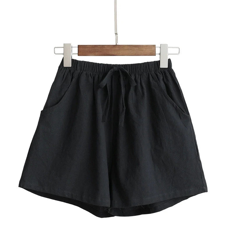Women Solid Color Shorts High Waist Cotton And Linen Shorts Linen Slimming Loose Hot Pants Light Casual Elastic Waist Pants