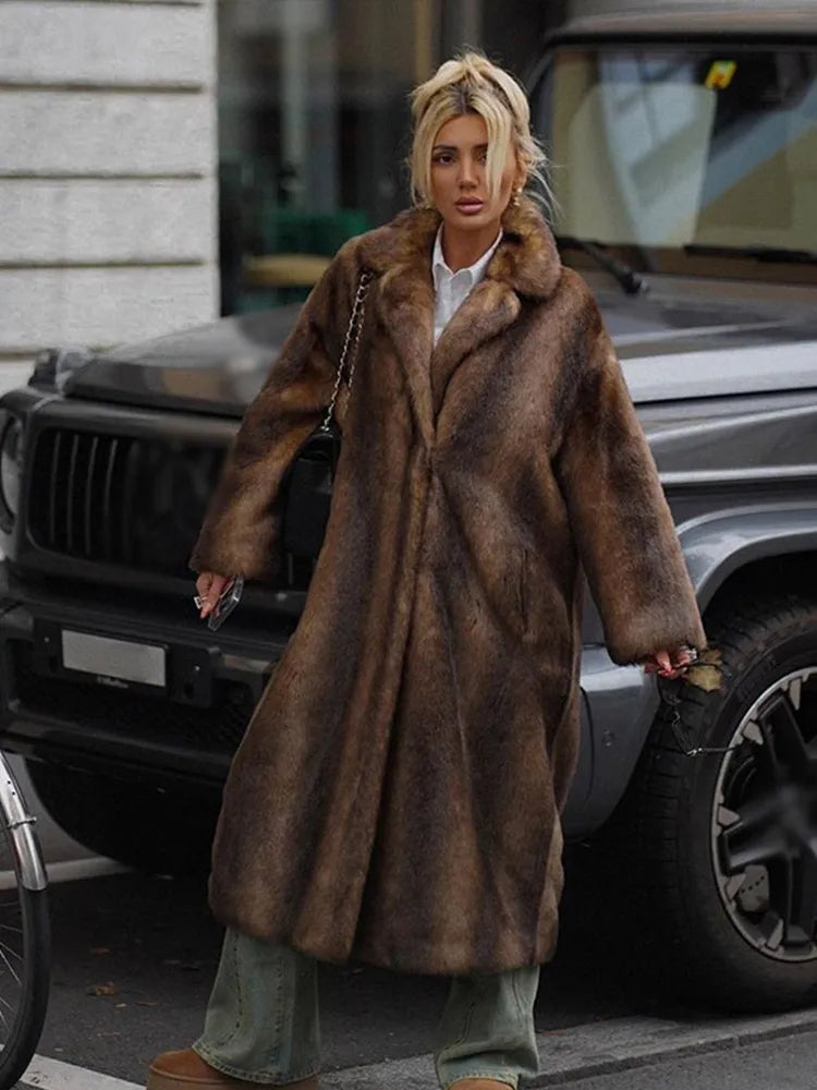 Vintage Long Fur Coat Cardigan Deep Brown Loose Classic Faux Fur Elegant Women Trench Overcoat Jacket Winter Plush Outwear Top
