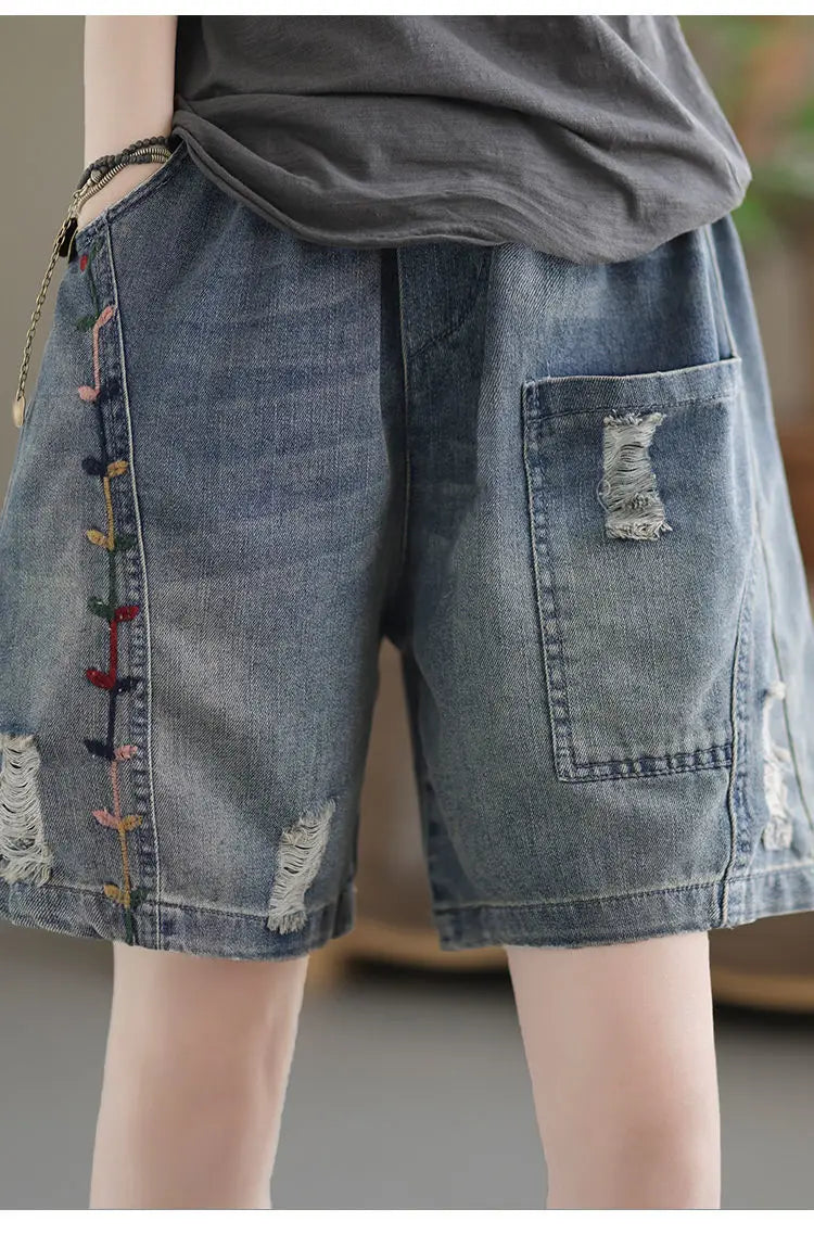 Fashion Korean High Waist Embroidery Denim Shorts for Female Summer Casual Pockets Spliced Loose Wide Leg Pants Women's Clothing