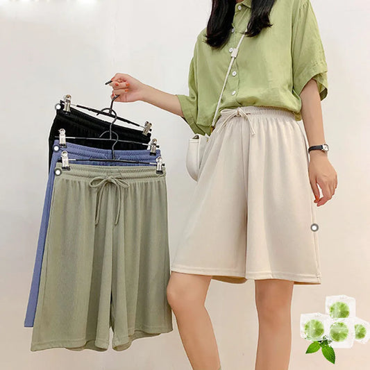 Women'S Sports Shorts Summer Straight Short Pants Solid Color Loose Elastic High Waist Wide Leg Knee Length Hot Pants For Girls