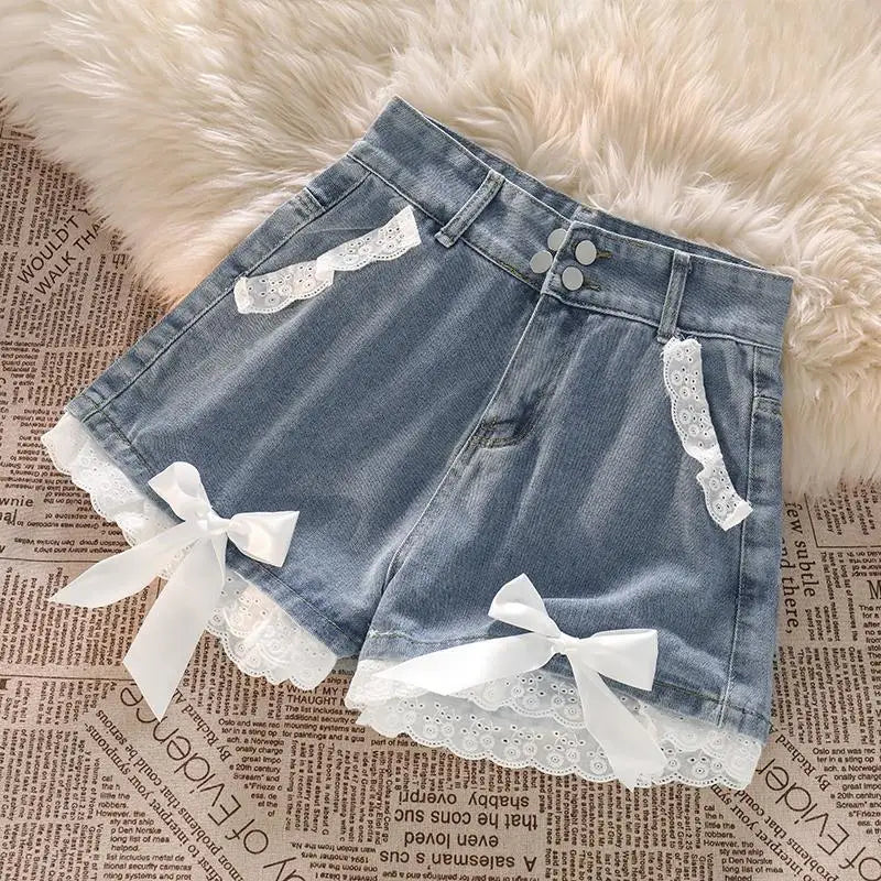 Japanese Preppy Style Bow Lace Patchwork Y2k Shorts Women Summer Straight Hotsweet High Waist Denim Short Pants Ruched