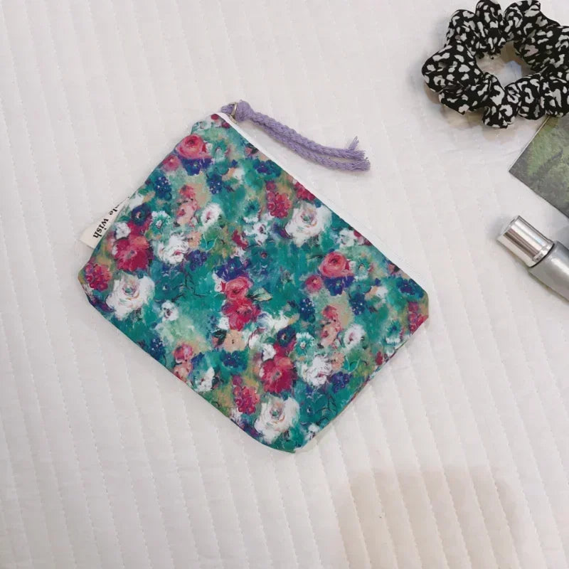 Fresh Floral Print Cotton Lipstick Purse Mini Storage Small Cloth Bag Headphone Bag Travel Cosmetic Pouch Make Up Storage Bag