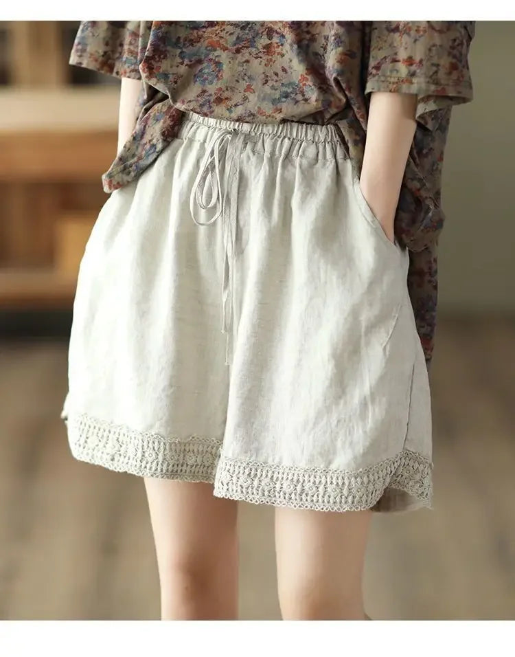 Cotton and Linen Shorts for Women Wearing Thin Mother Cotton and Linen Pants for Women Large Size Casual Linen Wide-leg Pants
