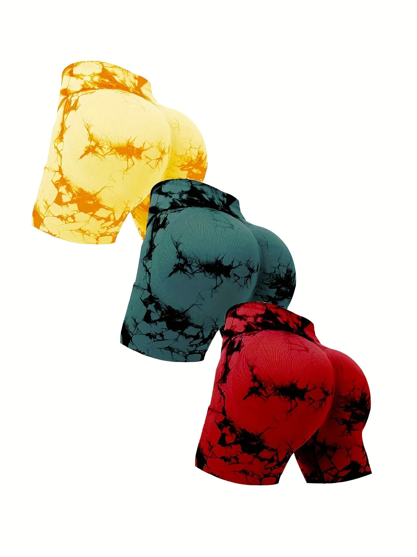 3pcs women's sports waist tightening and hip lifting fitness tie dye shorts