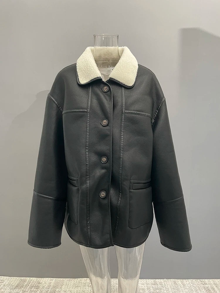 [LANMREM] Faux Fur Thick Warm Coats Lapel Single Breasted Office Lady Elegant Female Outwear Fashion 2025 Winter New 26C1095