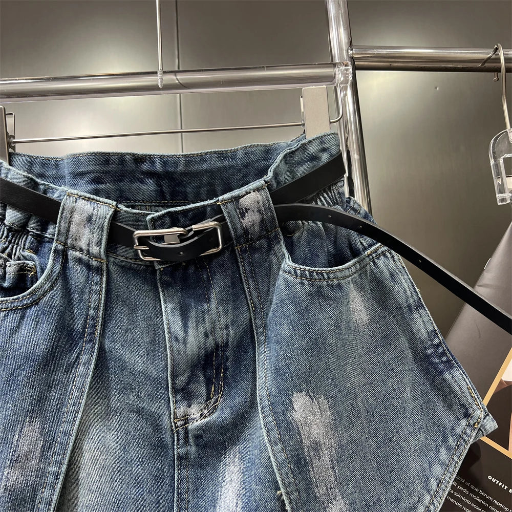 Women's Elastic Bud Denim Shorts High Waist Pocket Loose Wide Leg Jeans Pants Streetwear Casual Summer Fashion Short Pants