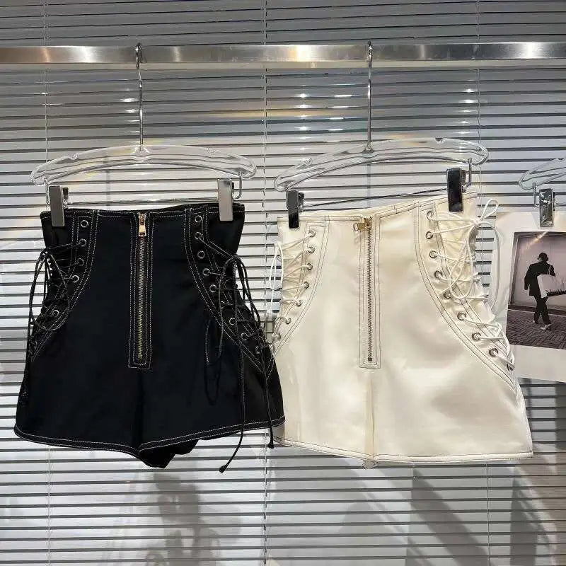 DEAT Women's Fashion High Waist Zipper Design Shorts Trendy Casual A-line Side Straps Short Pants Female Spring New 11A02658