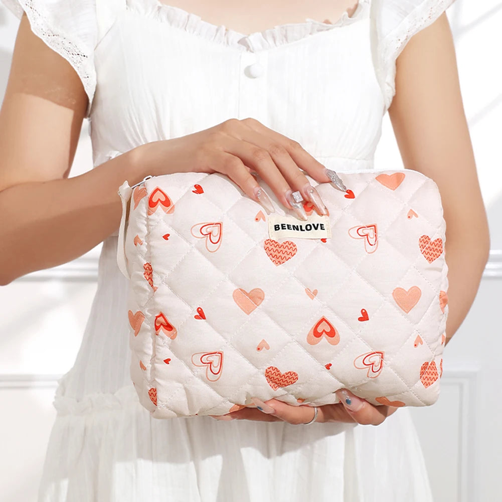 3pcs Aesthetic Cosmetic Organizer Set Quilted Cotton Sweet  Women Makeup Pouch Cherry/Heart Pattern Skincare Clutch Toiletry Bag