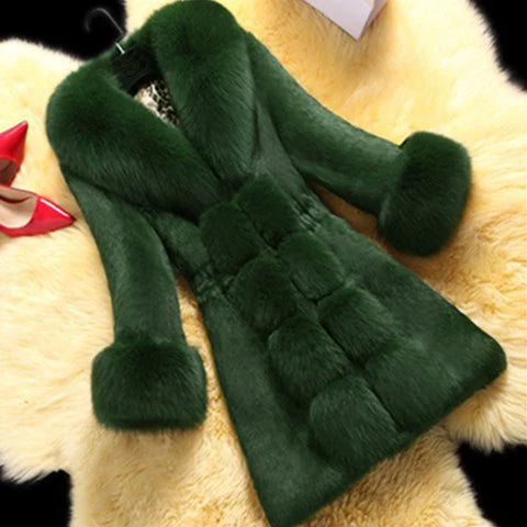 Mid-aged Fur Winter Coat Women Jacket Warm Fuzzy Faux Fur Slim Fit V Neck Overcoat Ladies Mid Length Cold-proof Winter Outerwear