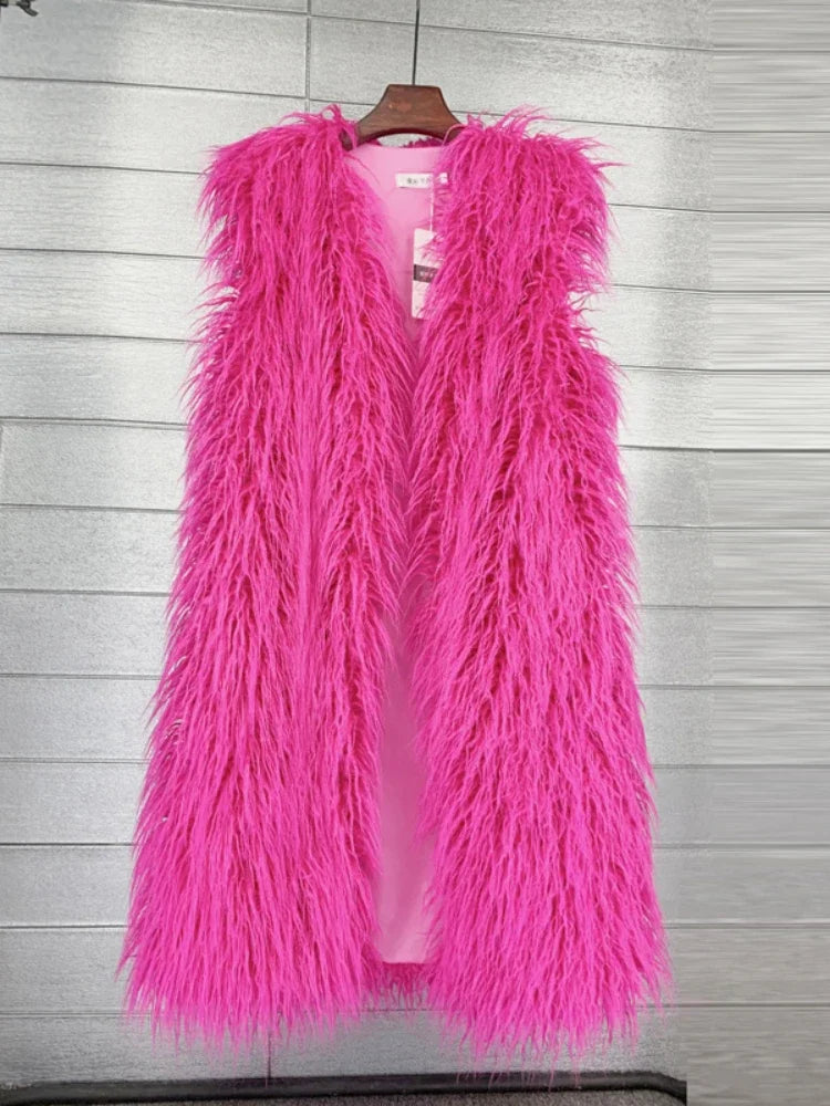 Winer Women Warm Faux Fur Plush Coats Mongolia Sheep Fur Women Long Vest Female Jacket Autumn Furry Sleeveless Outerwear 2024