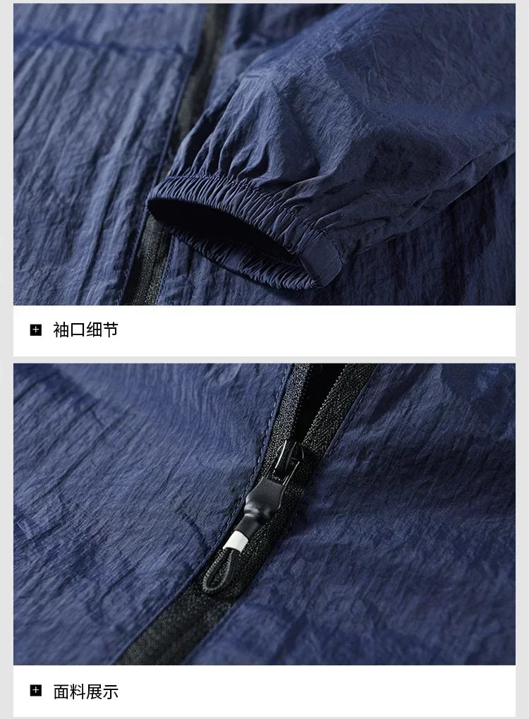 Men Summer Lightweight Breathable UV Sun Protection Jacket Ice Silk Cooling Sport Hooded Windbreaker Outdoor Running Skin Coat