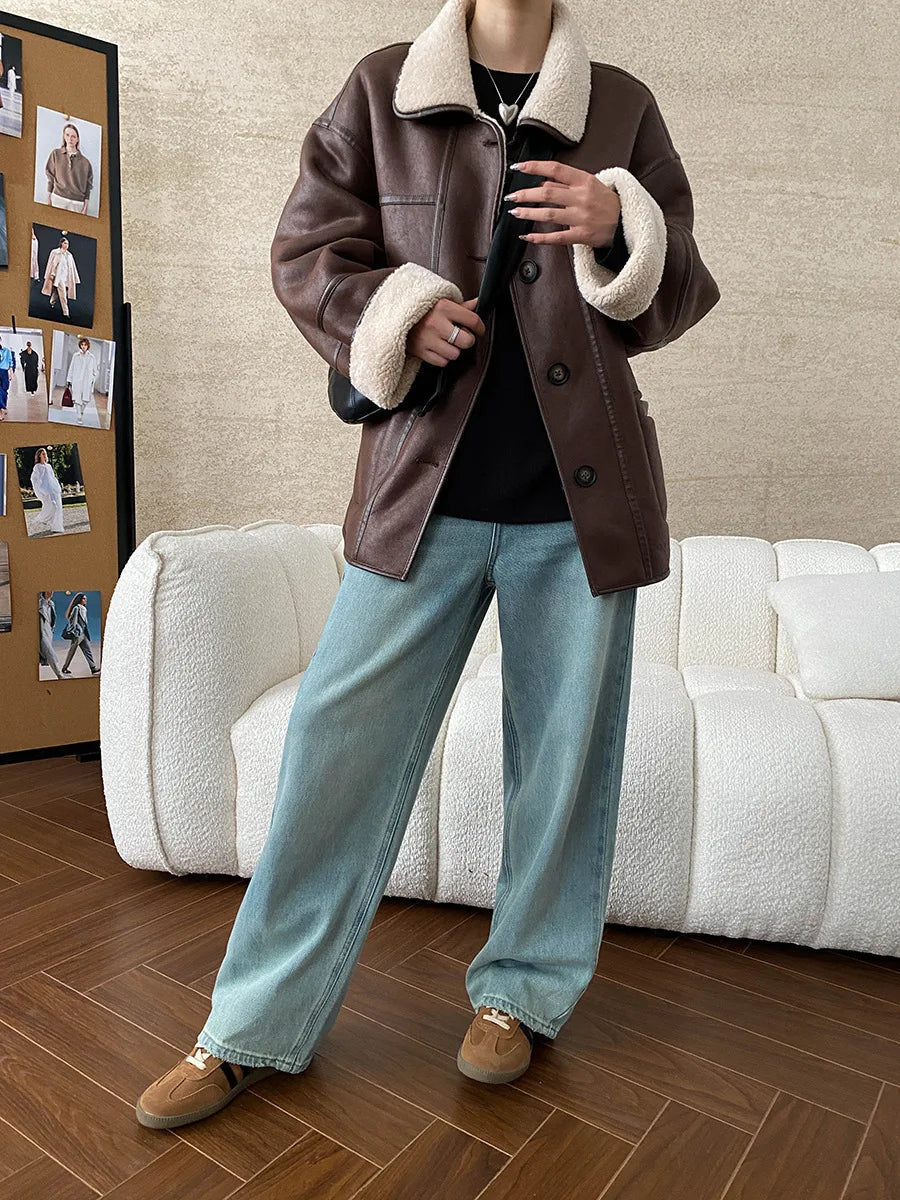 [LANMREM] Faux Fur Thick Warm Coats Lapel Single Breasted Office Lady Elegant Female Outwear Fashion 2025 Winter New 26C1095