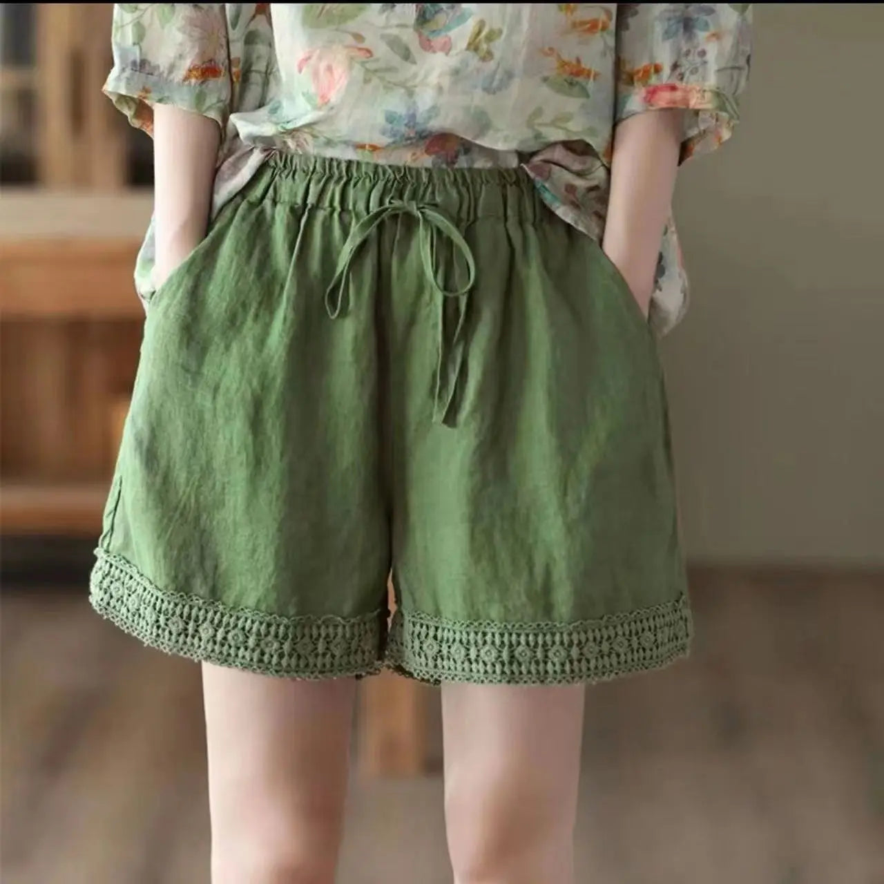 Cotton and Linen Shorts for Women Wearing Thin Mother Cotton and Linen Pants for Women Large Size Casual Linen Wide-leg Pants