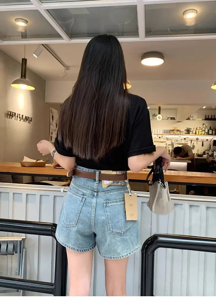 Retro High Waist Straight Jeans Shorts Female Hot Girl Versatile Slim A-line Loose Wide-leg Hot Pants Ins