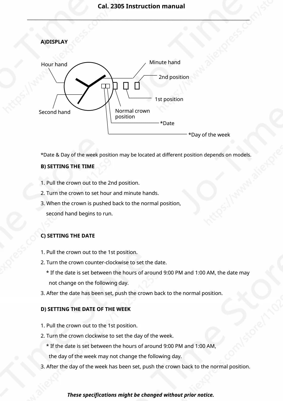 Miyota 2305 Standard Quartz Movement Day-Date Display Japan Origin Spain And English 2305-20A