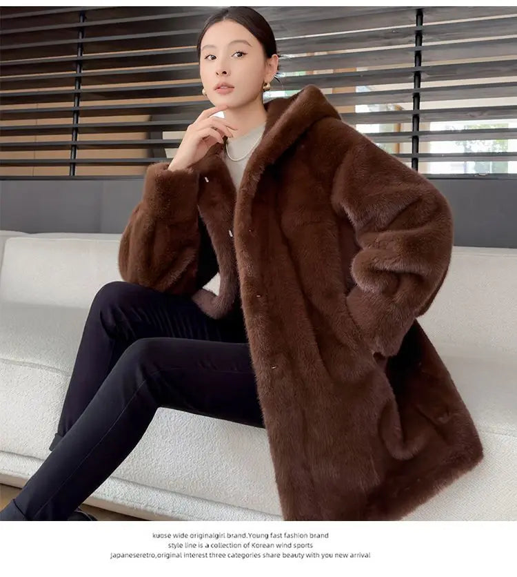 Faux Mink Fur Coat for Women,Covered Button Jackets,Hooded Overcoat,Female Clothes,Thicken Warm,Winter,New, 2025