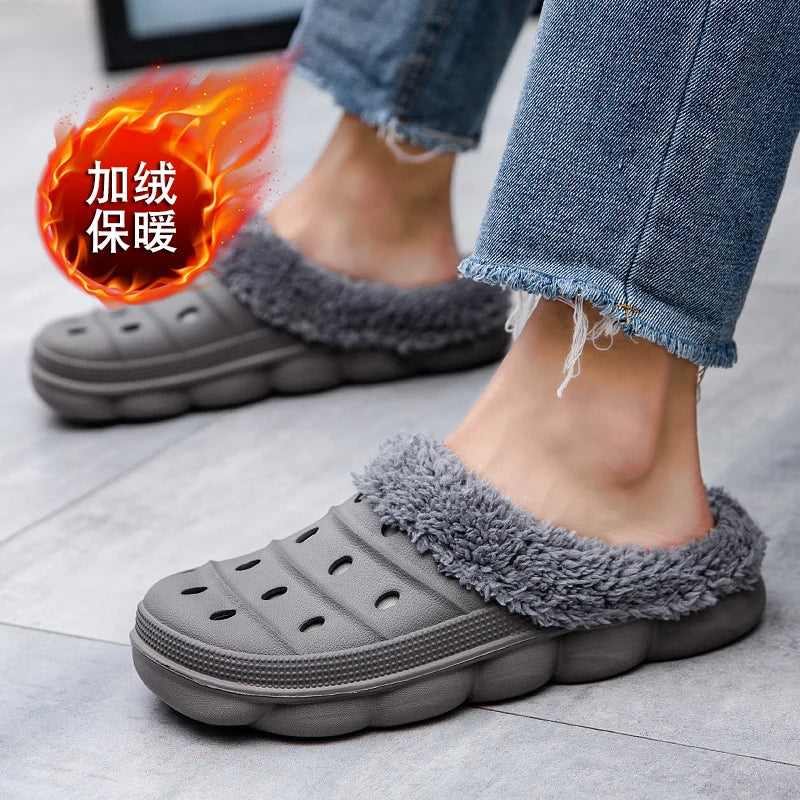 Waterproof cotton slippers for men winter 2024 new cashmere thickened warm waterproof non-slip indoor shoes