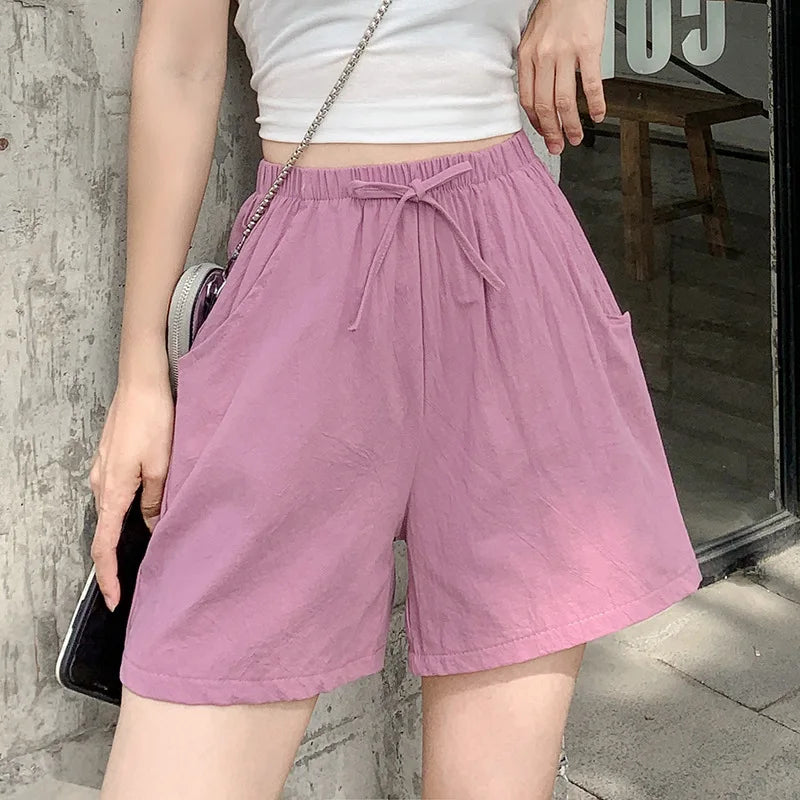 Elegant Cotton Linen Shorts Fashion Women Loose Drawstring High Waist Pocket Summer New Short Pants Casual Office Lady Trousers