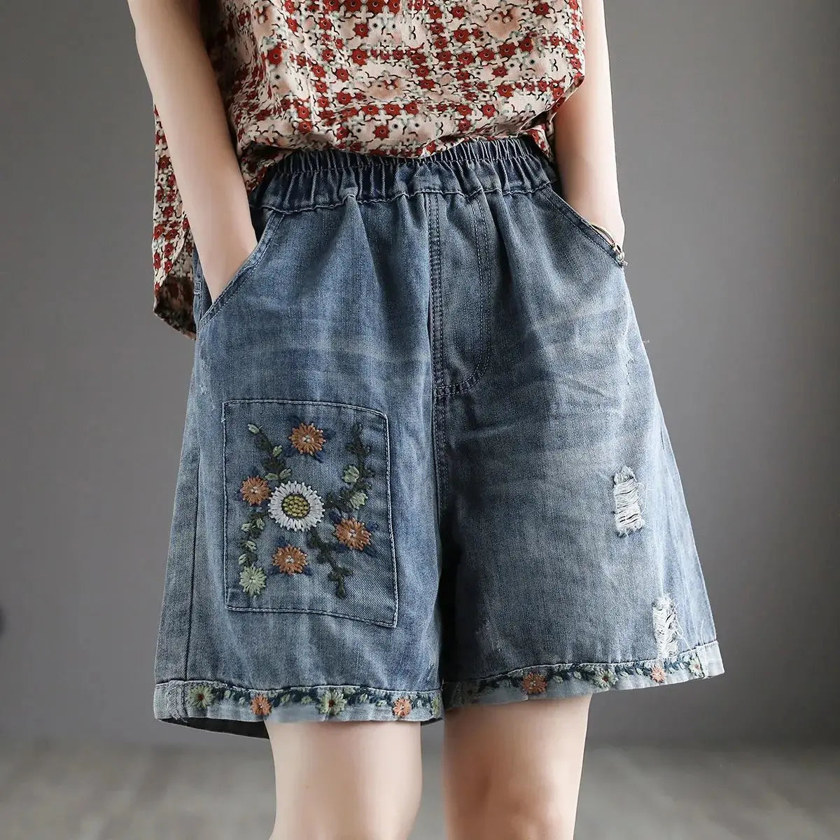 Fashion Korean High Waist Embroidery Denim Shorts for Female Summer Casual Pockets Spliced Loose Wide Leg Pants Women's Clothing