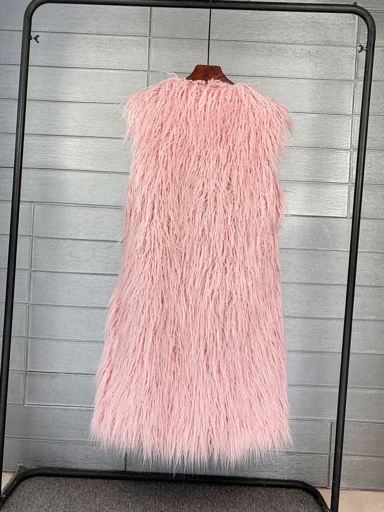 Winer Women Warm Faux Fur Plush Coats Mongolia Sheep Fur Women Long Vest Female Jacket Autumn Furry Sleeveless Outerwear 2024