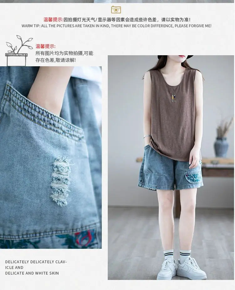 Fashion Korean High Waist Embroidery Denim Shorts for Female Summer Casual Pockets Spliced Loose Wide Leg Pants Women's Clothing