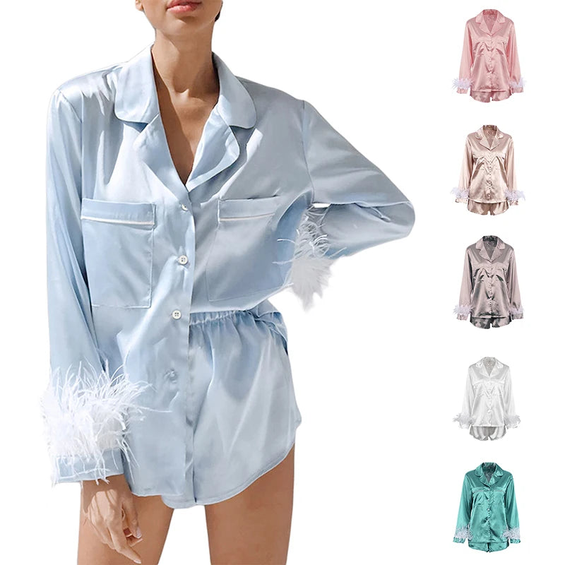 Women 2PCS Pajamas Patchwork Feather Cuffs Solid Color Long Sleeve Lapel Button Shirt with Short Pants Loose Loungewear Outfits