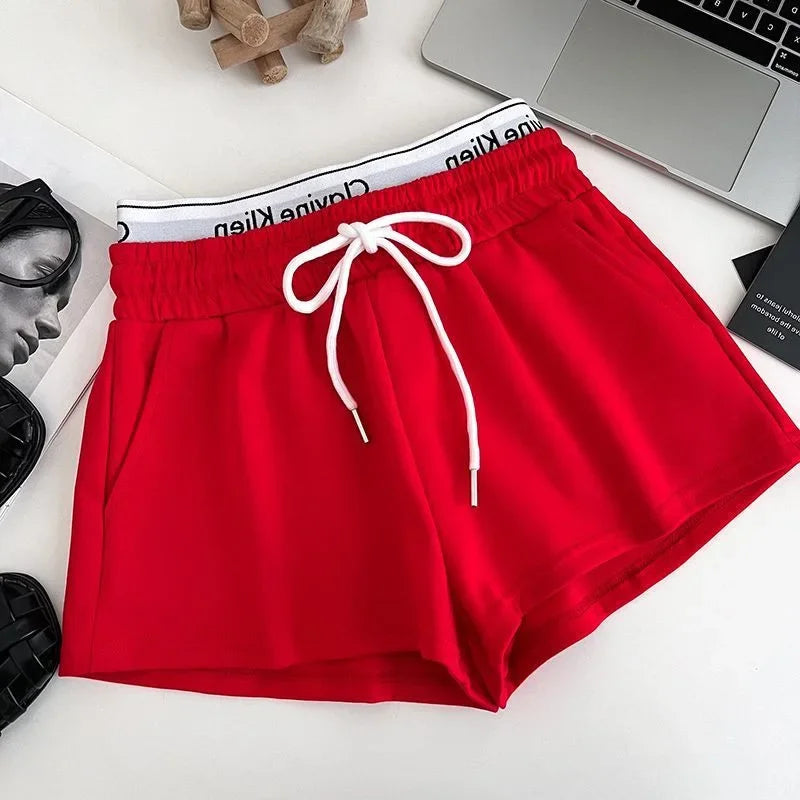 High Waist Drawstring Elastic Shorts Casual Sports Hot Pants Women's Summer New Letter Print Slimming Fake Two-Piece Pants