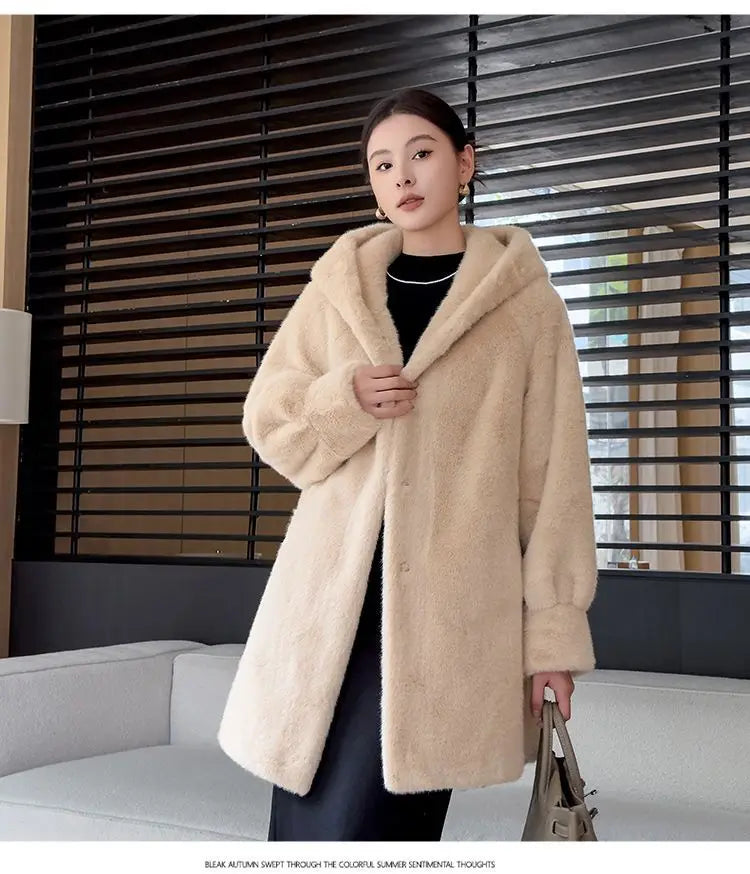 Faux Mink Fur Coat for Women,Covered Button Jackets,Hooded Overcoat,Female Clothes,Thicken Warm,Winter,New, 2025