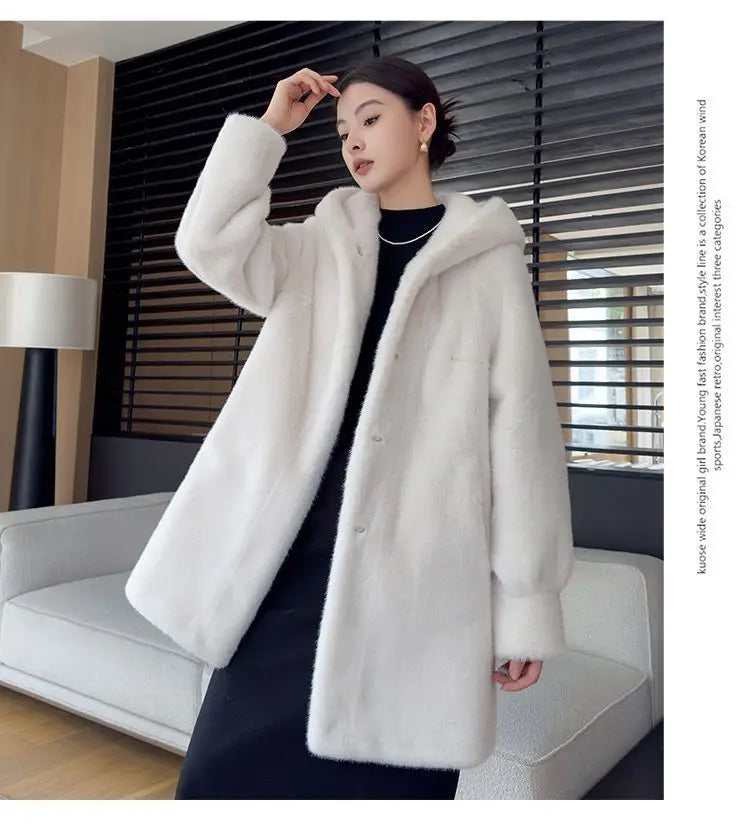 Faux Mink Fur Coat for Women,Covered Button Jackets,Hooded Overcoat,Female Clothes,Thicken Warm,Winter,New, 2025