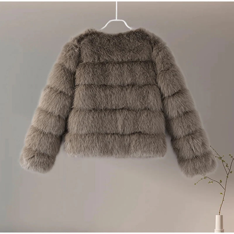 Fur Faux Jacket Women Coat Elegant Round Neck Long Sleeve Furry Female Coats 2024 Winter Fashion Lady Warm Solid Streetwears
