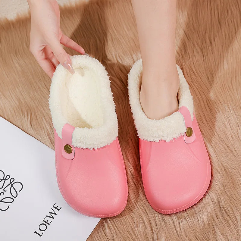 New Indoor Warm Slippers for Women Luxury Garden Shoes Soft Waterproof EVA Plush Slippers Female Clogs Couples Home Cotton Shoes