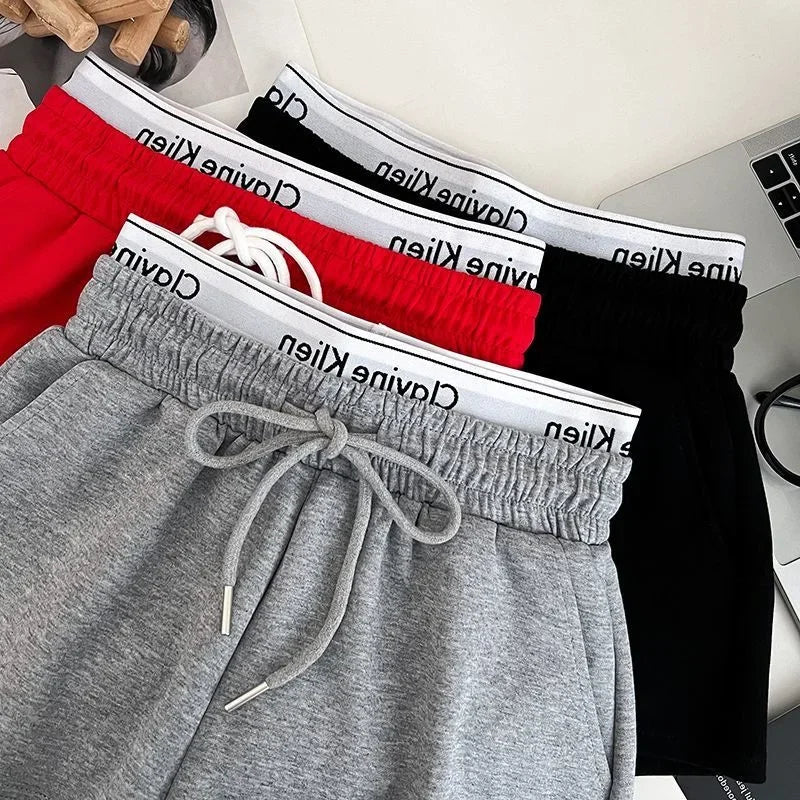 High Waist Drawstring Elastic Shorts Casual Sports Hot Pants Women's Summer New Letter Print Slimming Fake Two-Piece Pants