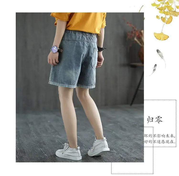 Fashion Korean High Waist Embroidery Denim Shorts for Female Summer Casual Pockets Spliced Loose Wide Leg Pants Women's Clothing