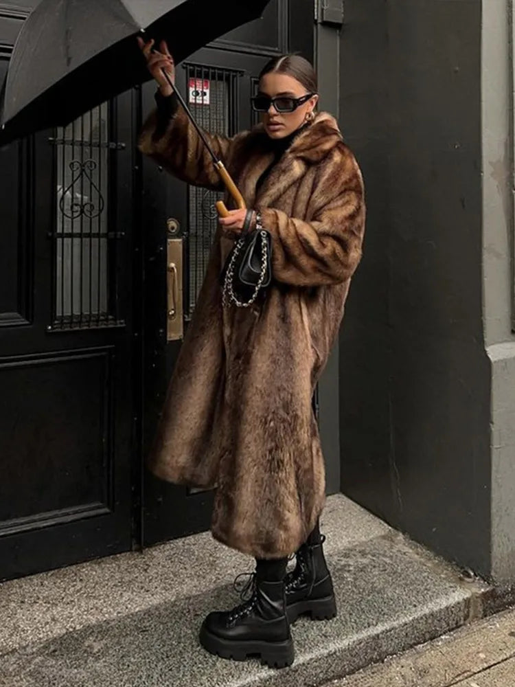 Vintage Long Fur Coat Cardigan Deep Brown Loose Classic Faux Fur Elegant Women Trench Overcoat Jacket Winter Plush Outwear Top