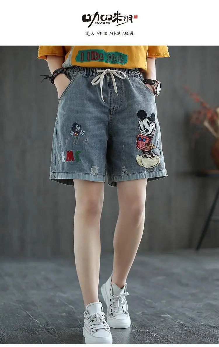 Fashion Korean High Waist Embroidery Denim Shorts for Female Summer Casual Pockets Spliced Loose Wide Leg Pants Women's Clothing