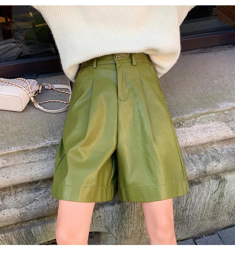 QOERLIN S-4XL Fashion PU Leather Shorts Women's Autumn Winter Bermuda Elastic Waist Loose Five Points Leather Trousers Shorts