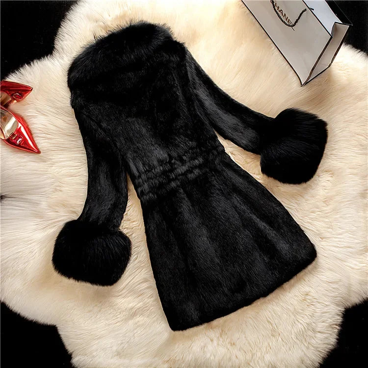 Mid-aged Fur Winter Coat Women Jacket Warm Fuzzy Faux Fur Slim Fit V Neck Overcoat Ladies Mid Length Cold-proof Winter Outerwear