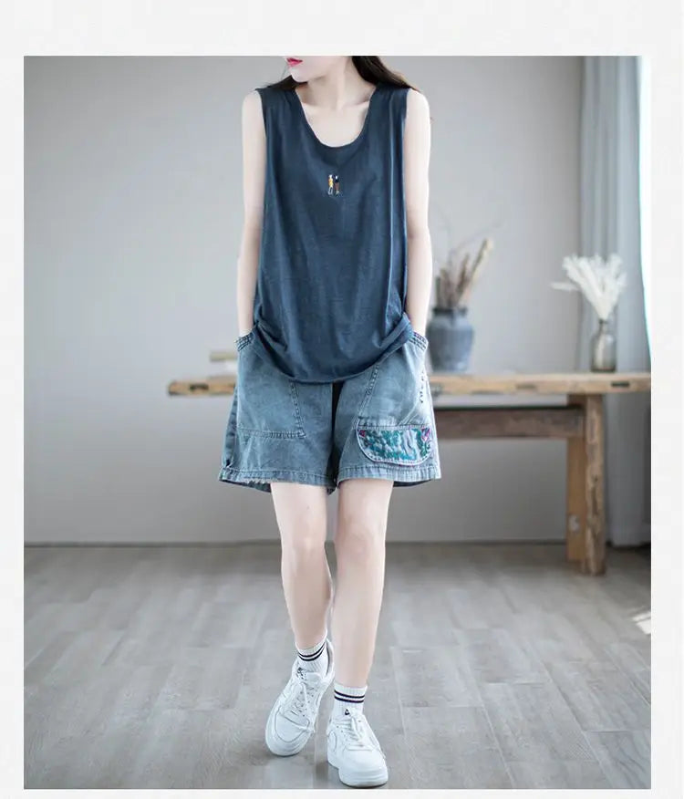 Fashion Korean High Waist Embroidery Denim Shorts for Female Summer Casual Pockets Spliced Loose Wide Leg Pants Women's Clothing
